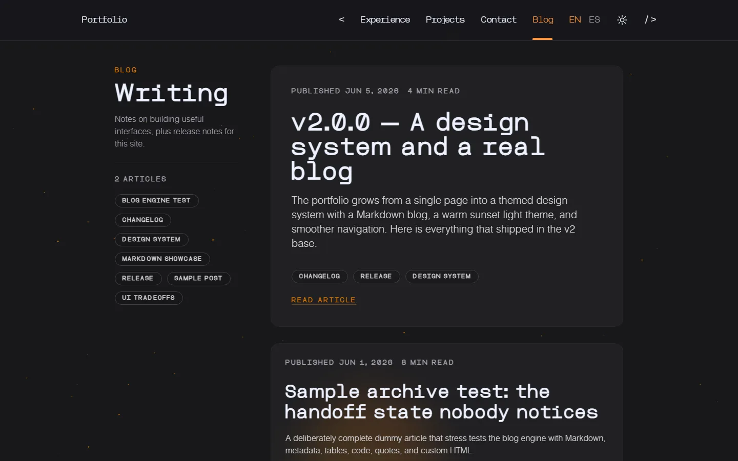 Blog index with a sticky sidebar on the left and the article list on the right.