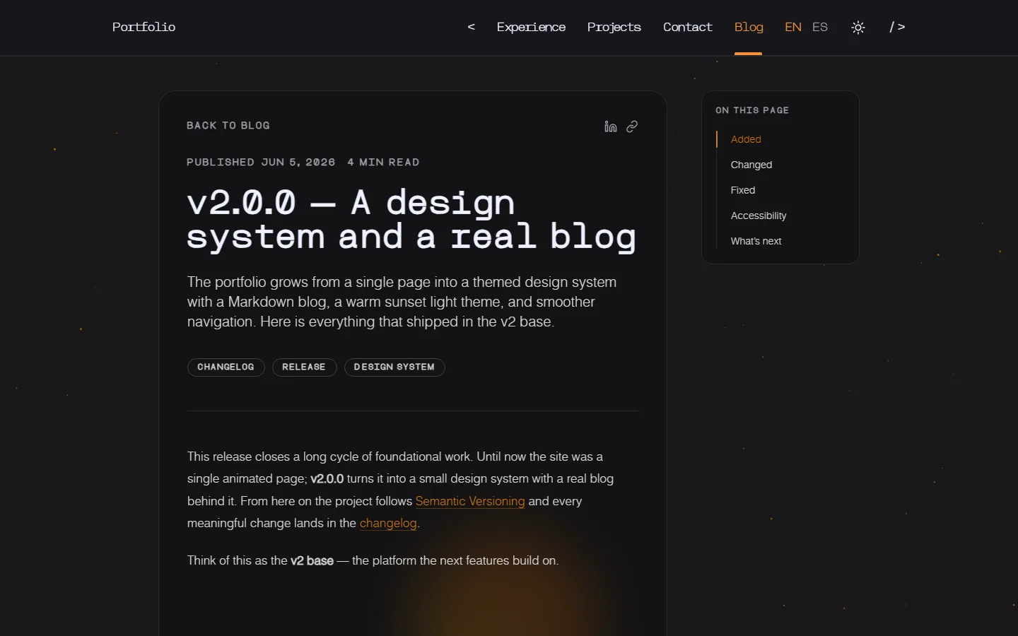 A blog article in dark mode: the article card on the left and a sticky 'On this page' table of contents on the right.