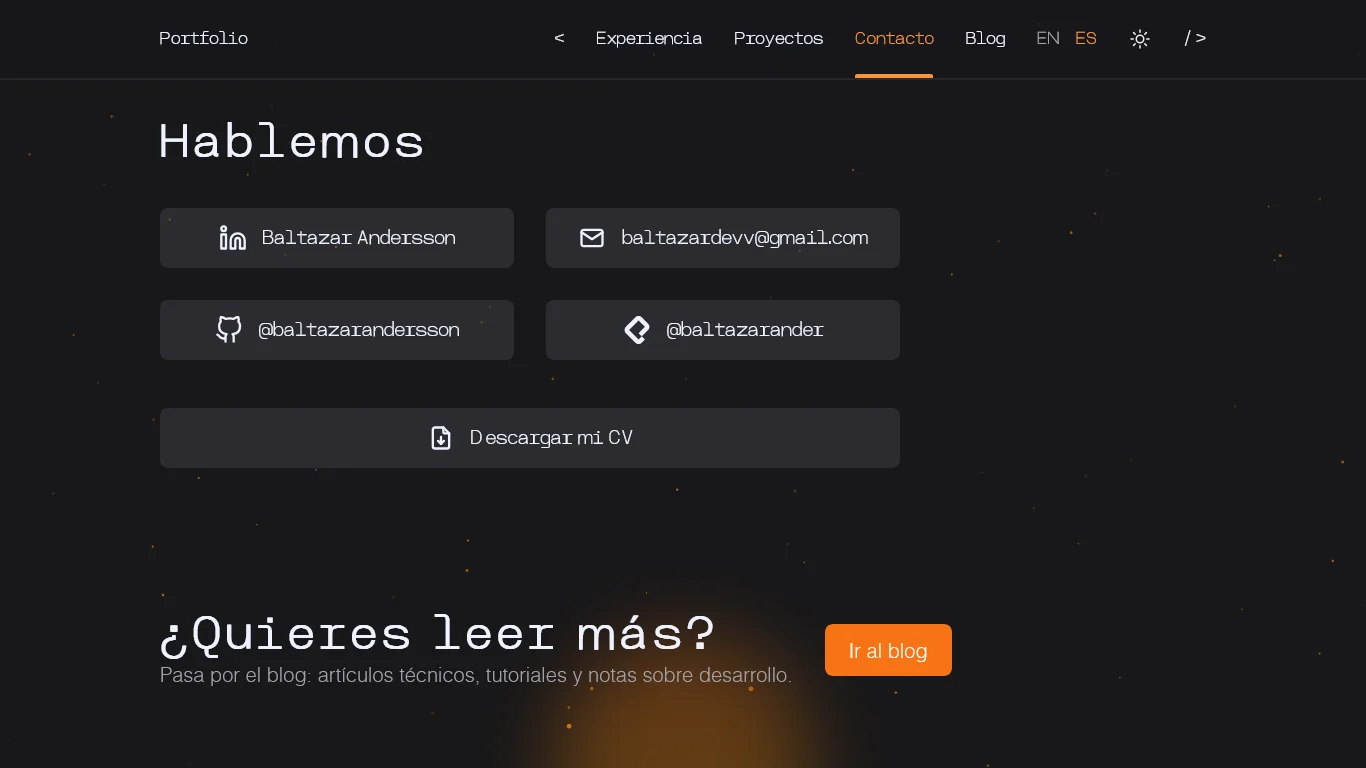 Localized contact section on desktop: links to socials, email, and CV download alongside a CTA to the blog.