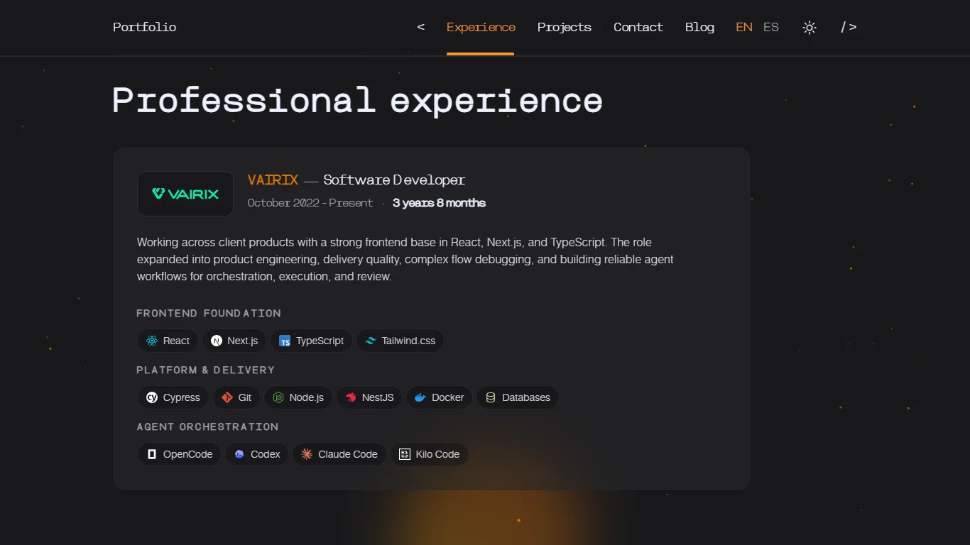 Experience section on desktop, dark mode: VAIRIX card with grouped technologies.
