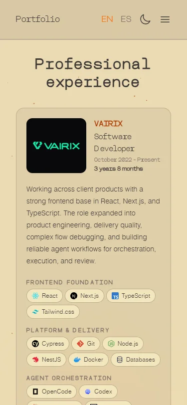 Experience section on mobile, light mode: same information adapted to a narrow screen.