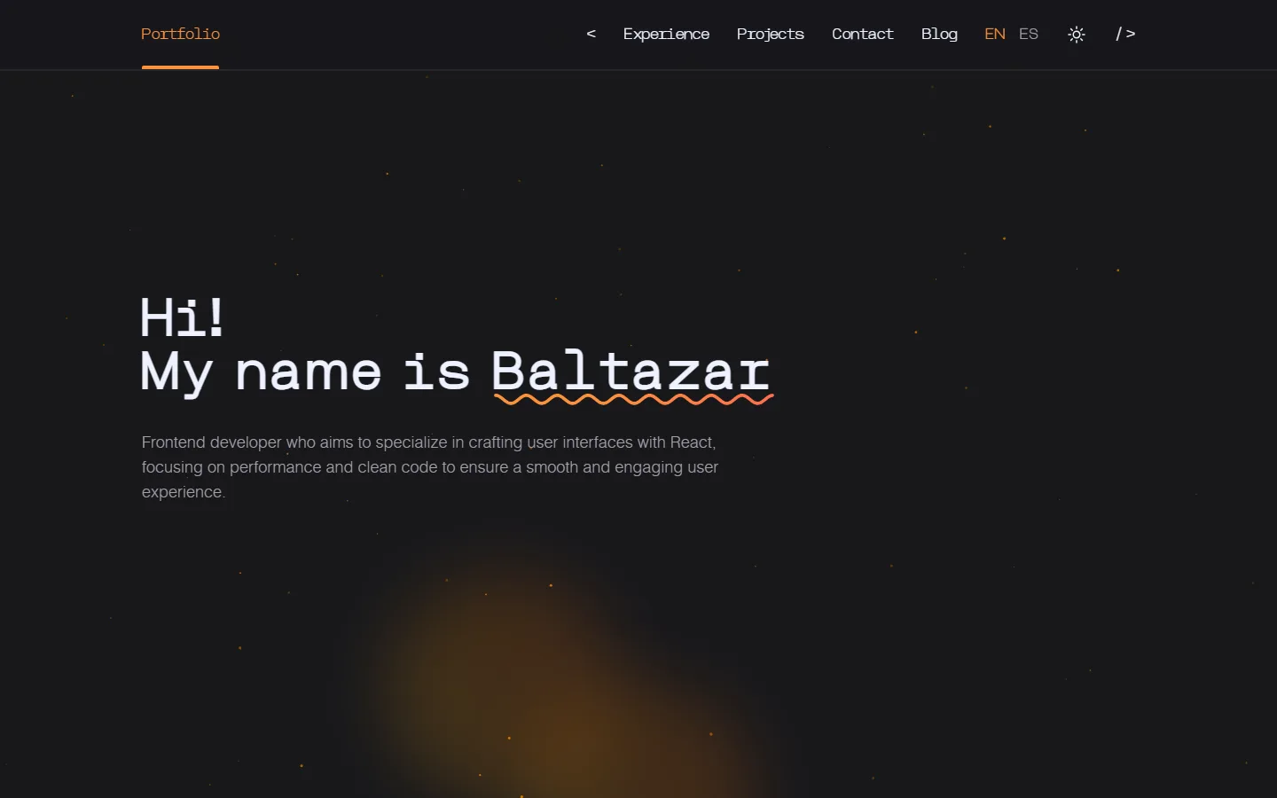 Home in dark mode: the background stars bend around the glows like a glass lens.