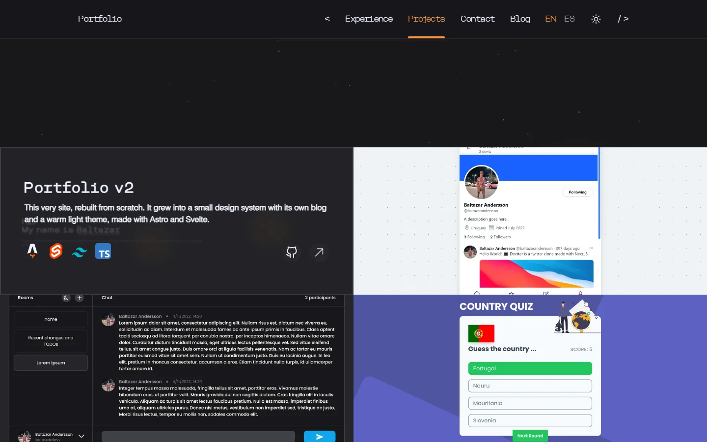 Projects on desktop: hovering a card reveals its details over the screenshot.