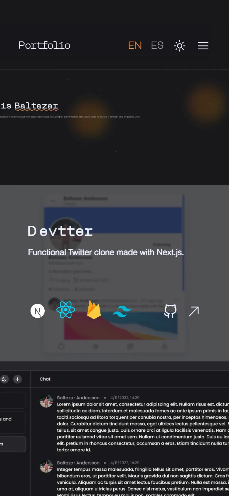 Projects on mobile: only the card closest to the middle of the screen shows its details.
